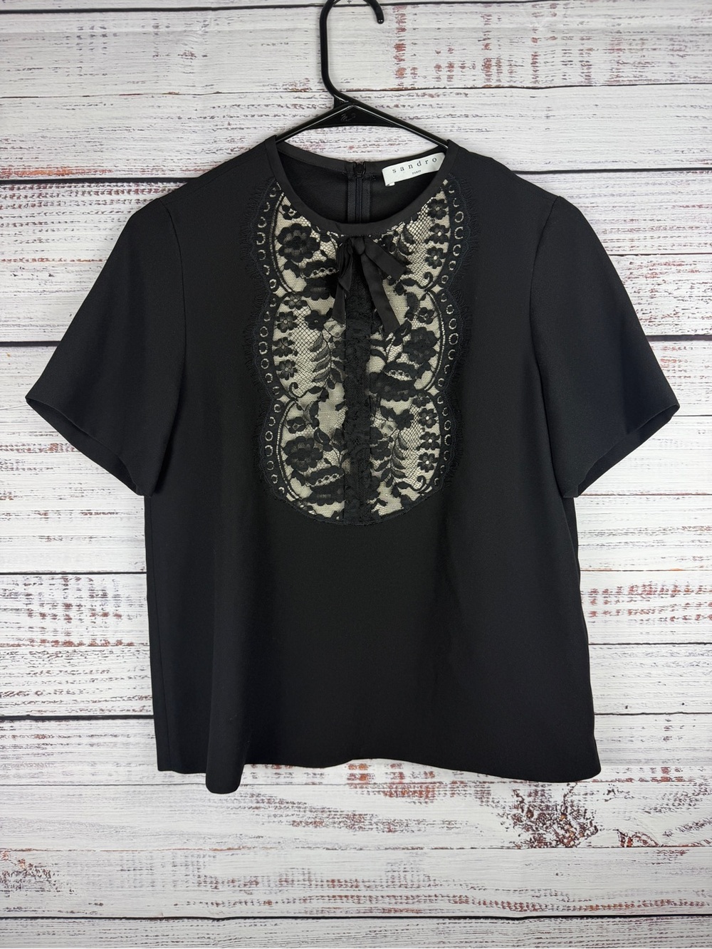 Sandro Paris Black Lace Bib Bow Blouse Short Sleeve Size 1  NWOT